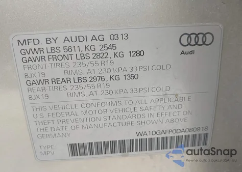 2013 Audi Q5 3.0T Premium Plus from USA, damaged, VIN WA1DGAFP0DA080918